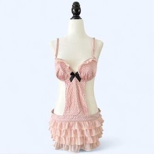 NWT La Senza Pink Polka Dot Ruffle Hem Waist Tie Bow Coquette Lingerie Set